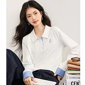 【MsMore】 美式復古polo領撞色格紋長袖上衣# 125699 M 白色