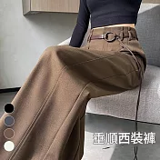 【MsMore】 西裝褲高腰闊腿休閒窄版直筒拖地長褲# 126302 M 咖色