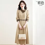 【初色】日系小香風收腰排釦翻領長袖A字連衣裙連身洋裝長洋裝-卡其色-16069(M-2XL可選) M 卡其色