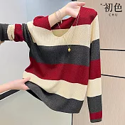 【初色】慵懶風V領長袖條紋撞色顯瘦針織衫上衣女上衣-共3色-16014(F可選) F 紅色
