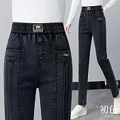 【初色】簡約休閒流線高腰鬆緊腰雙口加絨袋牛仔褲長褲-共2色2款-16027(M-5XL可選) M 黑灰色