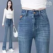 【初色】休閒修身拉鍊扣高腰牛仔喇叭褲九分褲長褲-淺藍色-16032(M-4XL可選) M 淺藍色九分褲