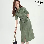 【初色】美式工裝修身收腰翻領排扣短袖A字襯衫連衣裙連身洋裝長裙-軍綠色-16063(M-4XL可選) M 軍綠色