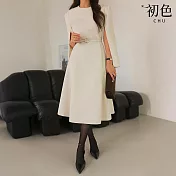 【初色】法式純色圓領斗篷修身A字裙中長連衣裙連身洋裝-共2色-16082(F可選) F 白色