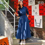 【初色】休閒風綁帶收腰翻領排釦七分袖牛仔A字裙中長連衣裙連身洋裝-深藍色-16103(F可選) F 深藍色