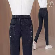 【初色】休閒簡約口袋鈕扣加絨高腰鬆緊腰收牛仔褲窄褲九分褲長褲-共2款-16039(M-5XL可選) M 黑灰色九分褲