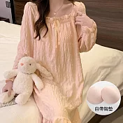 【AnZa】胸墊泡泡皺長袖連身裙睡衣(3色)       FREE 粉色