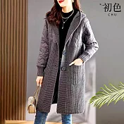 【初色】復古純色拼接針織修身中長款長袖大衣連帽外套女外套-共2色-16124(F可選) F 灰色