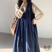 【初色】燈芯絨寬肩V領無袖連身裙長裙連衣洋裝背心裙-藍色-16267(M-XL可選) M 藍色