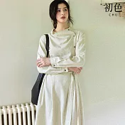 【初色】慵懶鬆弛風純色斜門襟大裙襬腰間系帶不對稱領長袖中長裙連衣裙連身洋裝-杏色-16312(M-2XL可選) M 杏色