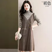 【初色】假兩件高領長袖條紋釦子A字裙中長連衣裙連身洋裝-共4色-16149(F可選) F 咖色