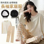 【EZlife】簡約寬鬆長袖帶胸墊家居服二件套 L 黃格紋