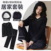 【EZlife】韓版V領長袖帶胸墊家居服二件套 L 黑色