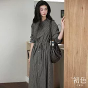 【初色】復古風立領長袖格紋單排釦收腰襯衫風衣連身裙長裙連衣洋裝-黑色 -16268(M-2XL可選) M 黑色