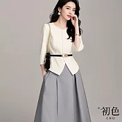 【初色】小香風圓領七分長袖收腰襯衫女上衣+純色A字西裝裙長裙半身裙套裝-白灰色-16259(M-2XL可選) M 白灰色