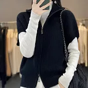 【MsMore】 高領雙拉鍊開衫氣質顯瘦短袖背心時髦百搭上衣# 126355 FREE 黑色