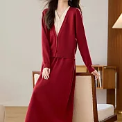 【MsMore】 假兩件拼色接針織長裙2件式套裝# 126389 FREE 紅色