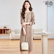 【初色】慵懶風簡約珍珠裝飾修身中長款鏤空圓領長袖毛衣連衣裙連身洋裝長洋裝-共3色-16147(F可選) F 駝色