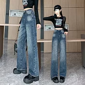 【MsMore】 高腰垂感顯瘦窄版闊腿褲# 126565 S 藍色