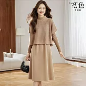 【初色】純色簡約紋理針織圓領長袖衣裙中長裙連衣裙連身洋裝長裙套裝-共4色-16153(F可選) F 駝色