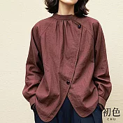 【初色】純色寬鬆立領長袖斜門襟開叉新中式襯衫上衣女上衣-紅棕色-16274(M-2XL可選) M 紅棕色