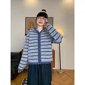【MsMore】 慵懶風條紋連帽針織開衫毛衣# 126577 FREE 藏青色