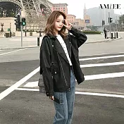 【AMIEE】寬松PU衣夾克學院風短外套(KDCQ-437B) M 黑色