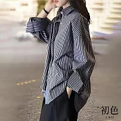 【初色】慵懶風細條紋翻領長袖落肩袖休閒襯衫上衣女上衣-共2色-16271(M-2XL可選) M 藏青色