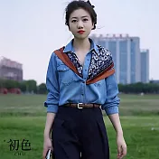 【初色】法式拼接印花翻領通勤長袖襯衫上衣女上衣-藍色-16265(M-2XL可選) M 藍色