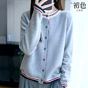 【初色】休閒簡約撞色拼接圓領排扣長袖針織開衫毛衣外套上衣女上衣-共4色-16223(F可選) F 灰色