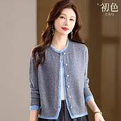 【初色】休閒風短款撞色假兩件圓領排釦長袖針織外套女外套-灰色-16182(F可選) F 灰色