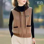 【初色】無袖拉鍊抽繩連帽雙口袋針織開衫馬甲背心女背心-共2色-16167(F可選) F 駝色
