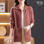 【初色】休閒簡約麻花紋理純色雙口袋拉鍊翻領長袖針織外套女外套-共5色-16196(F可選) F 粉色