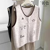 【初色】簡約童趣卡通刺繡撞色花邊圓領針織背心女背心-共2色-16165(F可選) F 米杏
