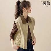 【初色】休閒復古撞色拼接燈芯絨寬鬆翻領無袖馬甲外套背心女背心-卡其色-16398(M-3XL可選) L 卡其色
