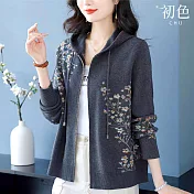 【初色】簡約休閒柔軟花紋拉鍊連帽長袖針織外套女外套-共4色-16190(F可選) F 灰色