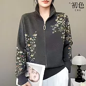 【初色】復古風撞色印花立領拉鍊長袖針織外套女外套-共4色-16141(F可選) F 灰色