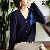 【初色】簡約重工毛巾刺繡小馬V領長袖排扣寬鬆針織開衫外套女外套-共3色-16195(F可選) F 藏青色