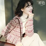 【初色】復古文藝緹花拼接撞色單排釦圓領長袖針織開衫外套女外套-共2色-16129(F可選) F 粉色