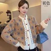 【初色】撞色拼接蕾絲花邊圓領排扣長袖毛衣寬鬆上衣針織外套女外套-花色-16164(F可選) F 花色