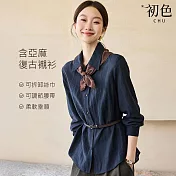【初色】純色翻領長袖絲巾排釦腰帶收腰襯衫上衣女上衣-藏藍色-16326(M-2XL可選) M 藏藍色
