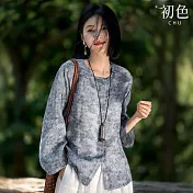 【初色】混色印花圓領長袖排釦寬鬆襯衫上衣女上衣-藍灰色-16347(M-2XL可選) M 藍灰色