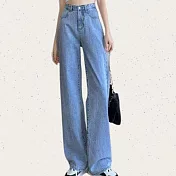 【MsMore】 闊腿牛仔褲高腰時尚直筒寬鬆闊腿拖地長褲# 124854 M 藍色