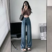 【MsMore】 闊腿牛仔褲高腰時尚直筒寬鬆闊腿拖地長褲# 124854 M 牛仔藍色