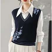 【MsMore】 V領針織背心時髦毛衣上衣# 126447 FREE 藏青色