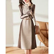 【MsMore】 中長款針織連身裙名媛拼色毛衣洋裝# 126467 FREE 卡其色