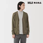 【MUJI 無印良品】男水洗羊毛中密織V領開襟衫 M 卡其綠