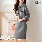 【初色】休閒風純色小口袋修身長袖抽繩連帽連衣裙連身短裙-灰色-16344(M-2XL可選) M 灰色