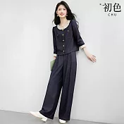 【初色】拼接花邊排釦長袖襯衫上衣女上衣+純色口袋休閒褲寬褲長褲套裝-藍色-16414(M-2XL可選) M 藍色