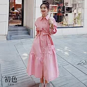 【初色】甜美風綁帶寬鬆翻領排扣長袖不對稱裙襬襯衫裙連衣裙連身洋裝長裙-粉色-16512(M-2XL可選) M 粉色